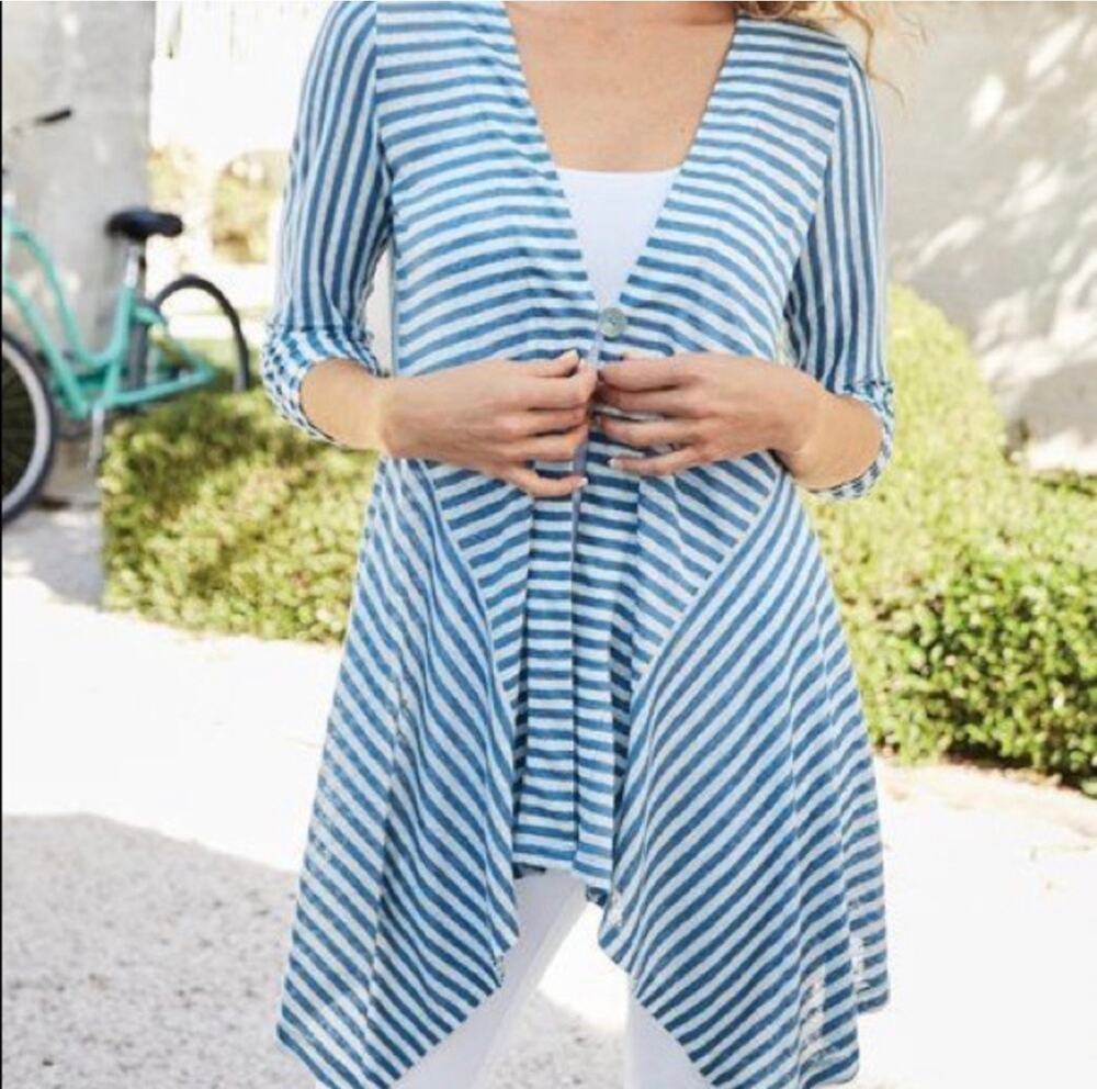 Soft Surroundings L Asymmetrical 100% Linen Nautical Stripe Light Cardigan Beach